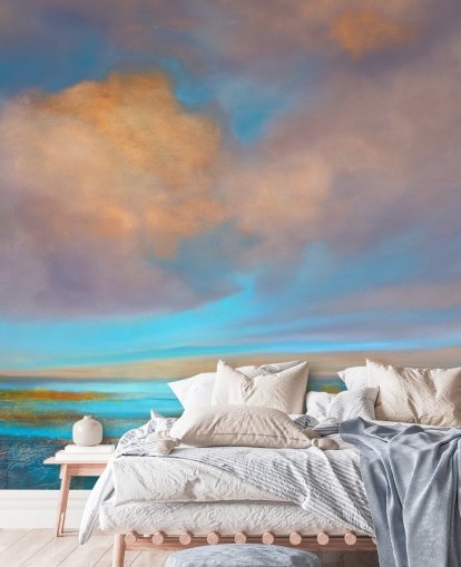 Abstrakt målning av en flod och en himmel med rosa och orange moln