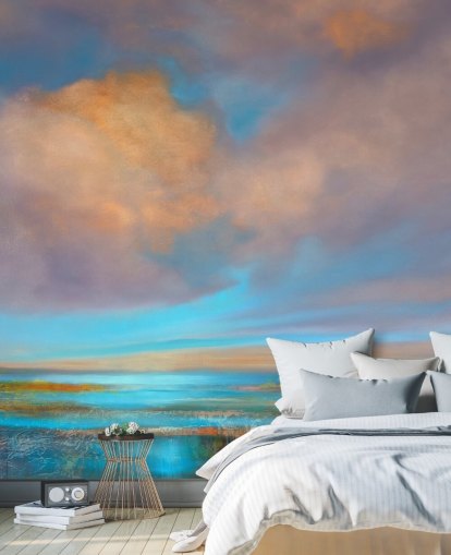 Abstrakt maleri av en elv og en himmel med rosa og oransje skyer Abstrakt maleri av en elv og en himmel med rosa og oransje skyer