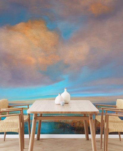 Abstrakt maleri af en flod og en himmel med lyserøde og orange skyer