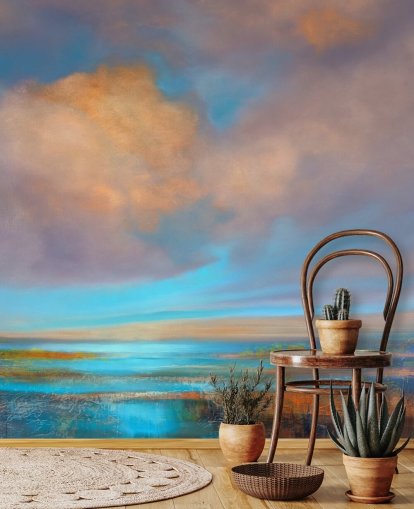 Abstrakt målning av en flod och en himmel med rosa och orange moln Abstrakt målning av en flod och en himmel med rosa och orange moln