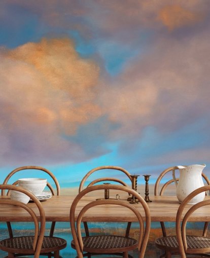 Abstract painting of a river and a sky with pink and orange clouds