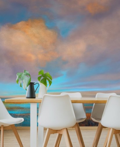 Abstract schilderij van een rivier en een hemel met roze en oranje wolken