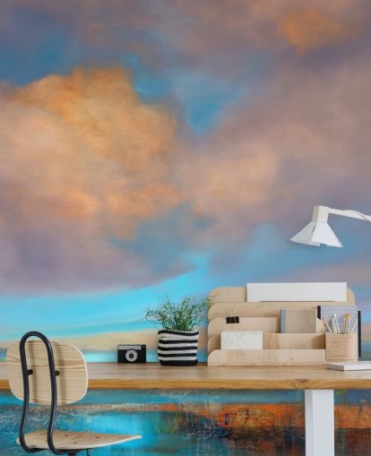 Abstract schilderij van een rivier en een hemel met roze en oranje wolken