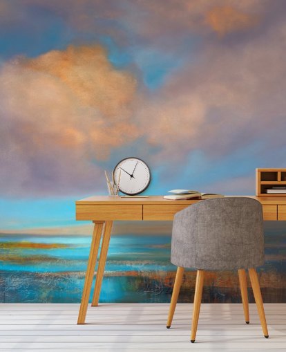 Peinture abstraite d'une rivière et d'un ciel avec des nuages roses et oranges