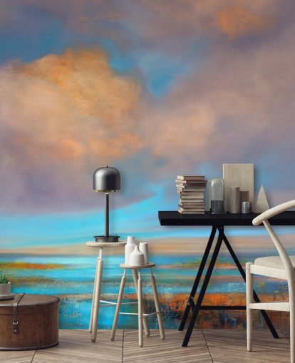 Abstract painting of a river and a sky with pink and orange clouds