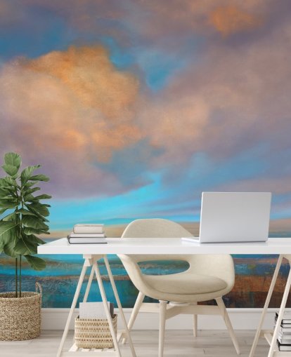 Peinture abstraite d'une rivière et d'un ciel avec des nuages roses et oranges