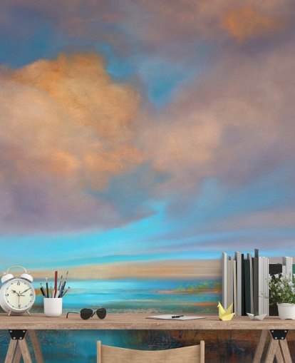 Abstract painting of a river and a sky with pink and orange clouds