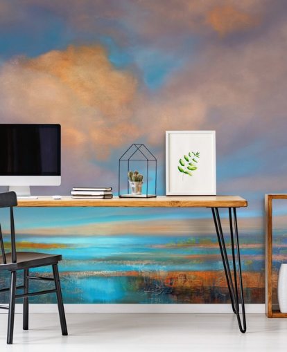 Pintura abstrata de um rio e um céu com nuvens rosa e laranja