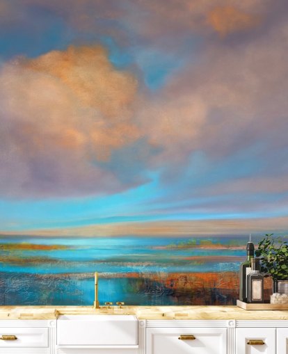 Abstrakte Malerei eines Flusses und eines Himmels mit rosa und orangefarbenen Wolken