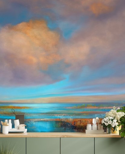 Abstrakt maleri af en flod og en himmel med lyserøde og orange skyer Abstrakt maleri af en flod og en himmel med lyserøde og orange skyer