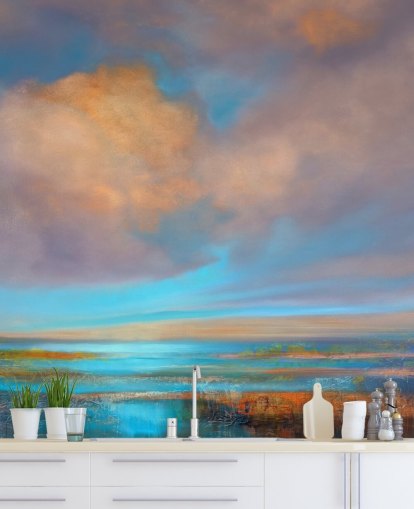 Abstrakte Malerei eines Flusses und eines Himmels mit rosa und orangefarbenen Wolken