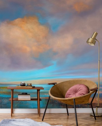 Pintura abstrata de um rio e um céu com nuvens rosa e laranja