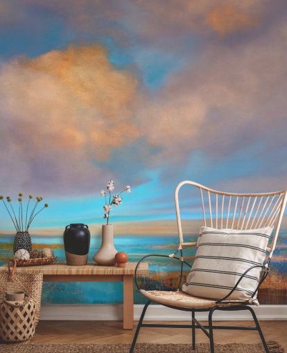 Abstrakte Malerei eines Flusses und eines Himmels mit rosa und orangefarbenen Wolken