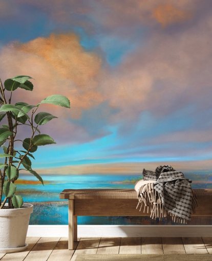 Abstract painting of a river and a sky with pink and orange clouds