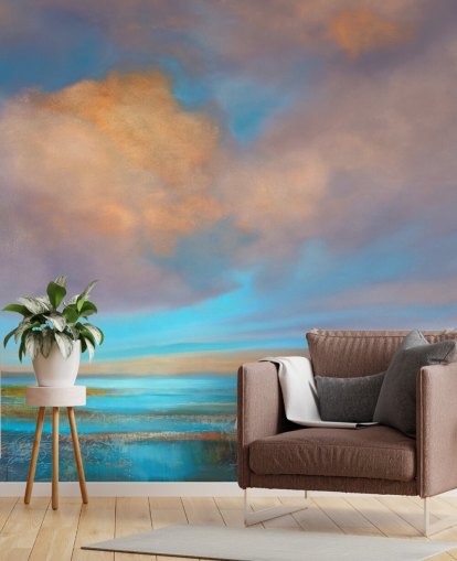 Abstrakt maleri av en elv og en himmel med rosa og oransje skyer