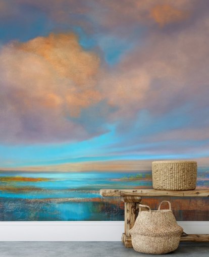 Cuadro abstracto de un río y un cielo con nubes rosas y naranjas