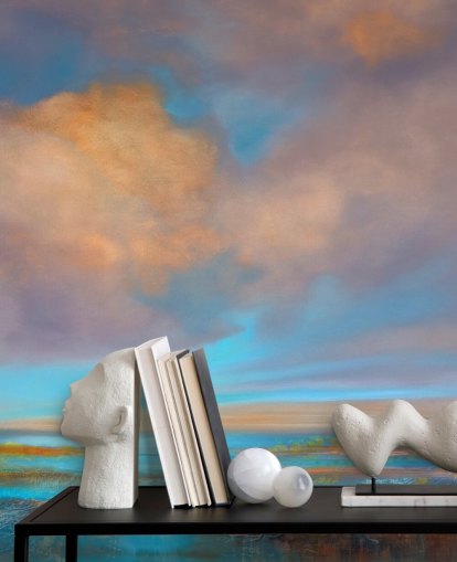 Peinture abstraite d'une rivière et d'un ciel avec des nuages roses et oranges