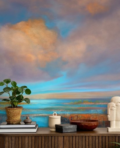 Abstract schilderij van een rivier en een hemel met roze en oranje wolken