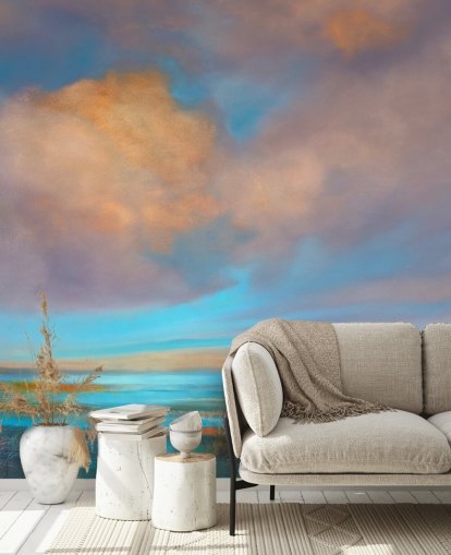 Abstract painting of a river and a sky with pink and orange clouds Abstract painting of a river and a sky with pink and orange clouds