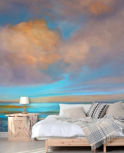 Peinture abstraite d'une rivière et d'un ciel avec des nuages roses et oranges