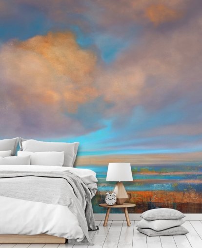 Pintura abstrata de um rio e um céu com nuvens rosa e laranja