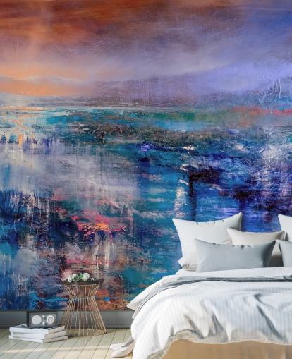 Blue and purple abstract painting of the sky and landscape