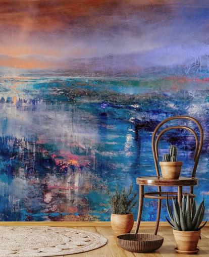 Pittura astratta blu e viola del cielo e del paesaggio