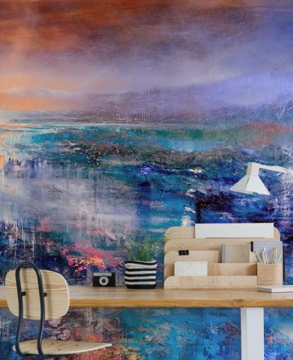 Pittura astratta blu e viola del cielo e del paesaggio