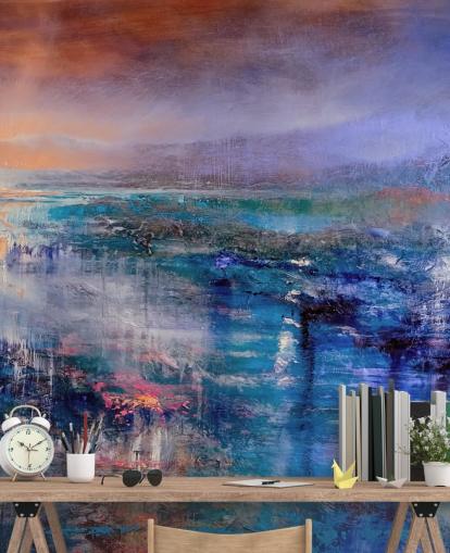 Blue and purple abstract painting of the sky and landscape