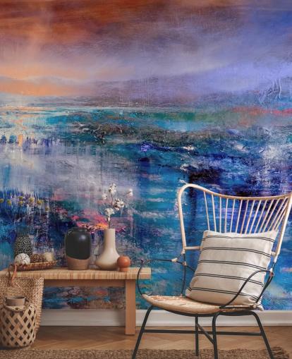 Pittura astratta blu e viola del cielo e del paesaggio