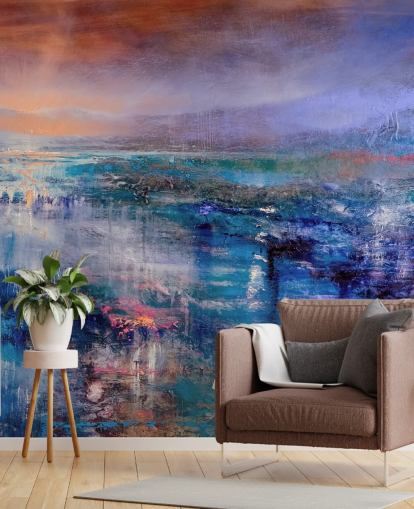 Pittura astratta blu e viola del cielo e del paesaggio