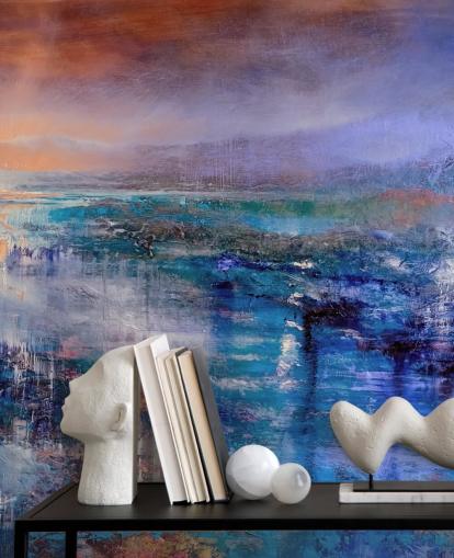 Pittura astratta blu e viola del cielo e del paesaggio