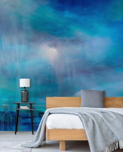 Peinture bleue abstraite représentant les nuages et le paysage