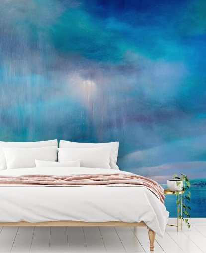Peinture bleue abstraite représentant les nuages et le paysage
