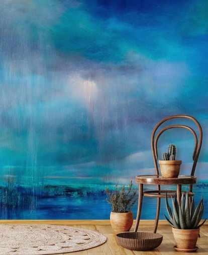 Blue, abstract paiting of clouds and the landscape