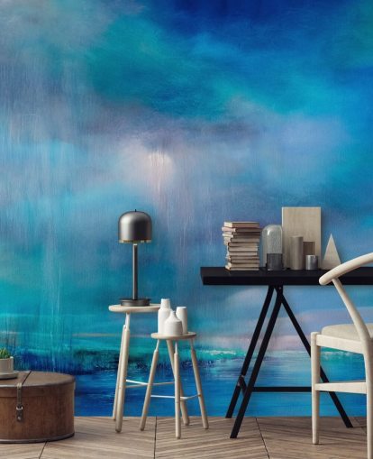 Blå, abstrakt paiting av moln och landskapet