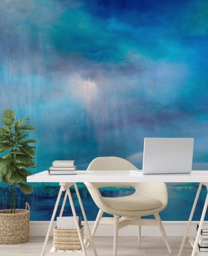 Blaues, abstraktes Bild von Wolken und Landschaft