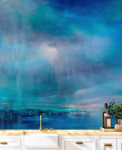 Blå, abstrakt paiting av moln och landskapet