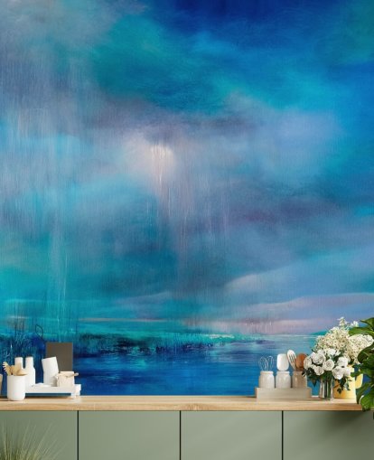 Blue, abstract paiting of clouds and the landscape