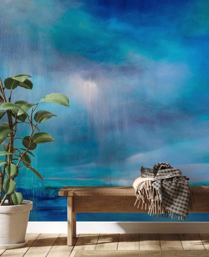 Pittura blu astratta di nuvole e paesaggio