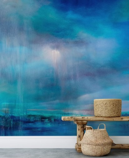 Peinture bleue abstraite représentant les nuages et le paysage