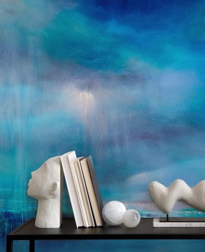 Cuadro abstracto azul de nubes y paisaje