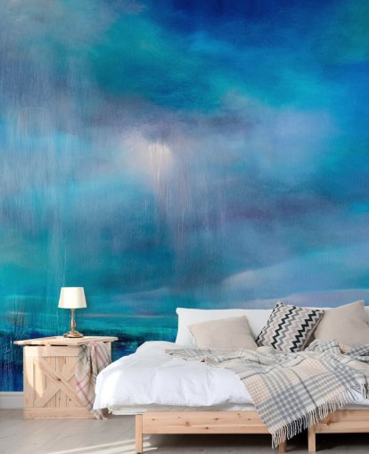 Peinture bleue abstraite représentant les nuages et le paysage