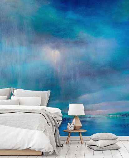 Pittura blu astratta di nuvole e paesaggio