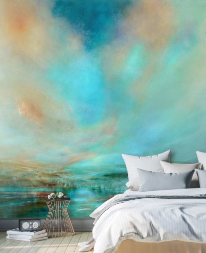 Pintura abstrata azul de um rio, montanhas distantes e um céu azul e bege