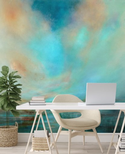 Peinture abstraite bleue d'une rivière, de montagnes lointaines et d'un ciel bleu et beige Peinture abstraite bleue d'une rivière, de montagnes lointaines et d'un ciel bleu et beige