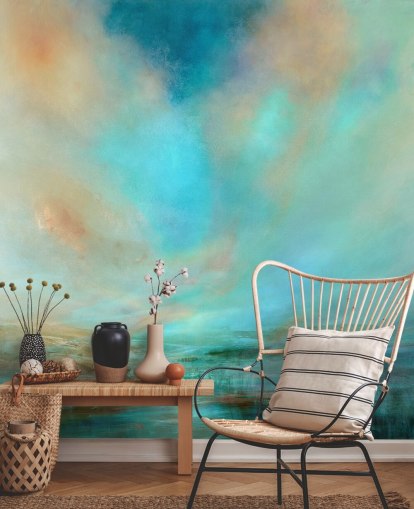 Peinture abstraite bleue d'une rivière, de montagnes lointaines et d'un ciel bleu et beige