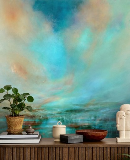 Peinture abstraite bleue d'une rivière, de montagnes lointaines et d'un ciel bleu et beige