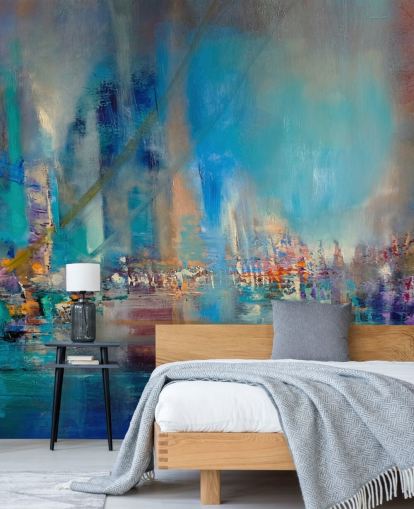 Peinture abstraite bleue représentant une rivière avec des lumières réfléchissantes Peinture abstraite bleue représentant une rivière avec des lumières réfléchissantes