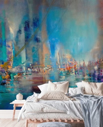 Blauw abstract schilderij van een rivier met reflecterende lichten Blauw abstract schilderij van een rivier met reflecterende lichten